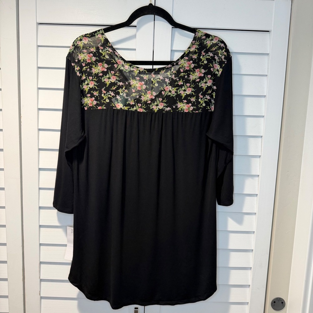 Loveappella‎ Darbi V-Neck Mixed Material Knit Contrast Tunic Top Black Floral XL - Picture 6 of 16